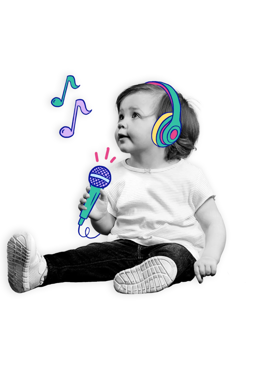 Toddler with headphones singing into a microphone
