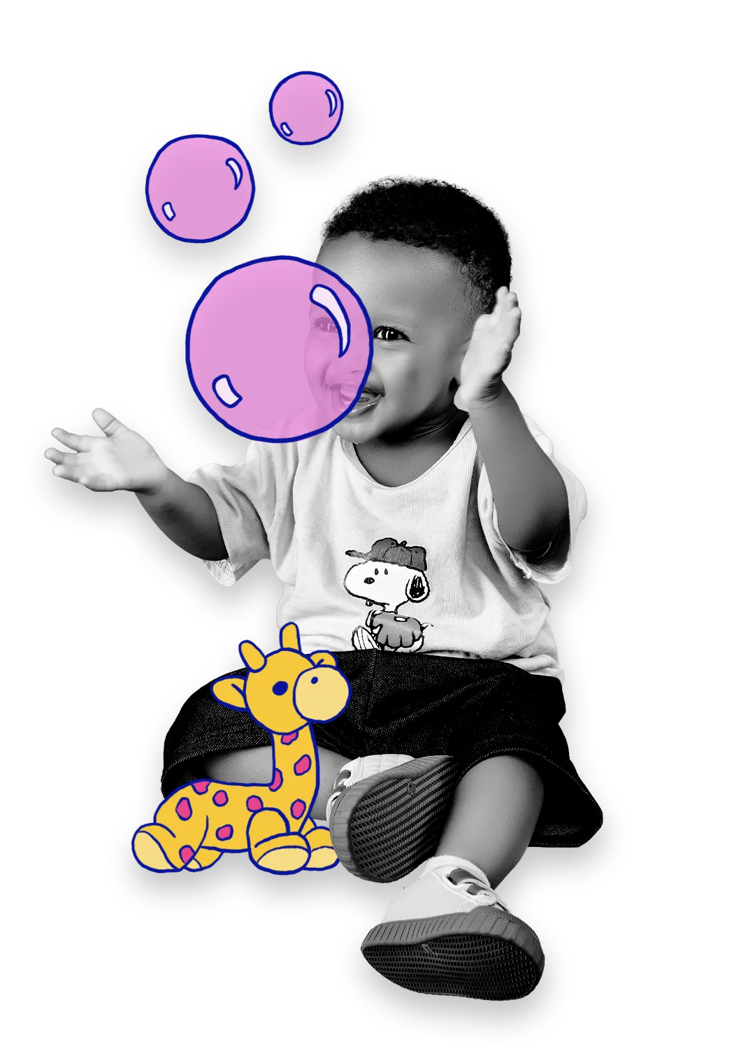 Toddler blowing bubbles with a toy giraffe