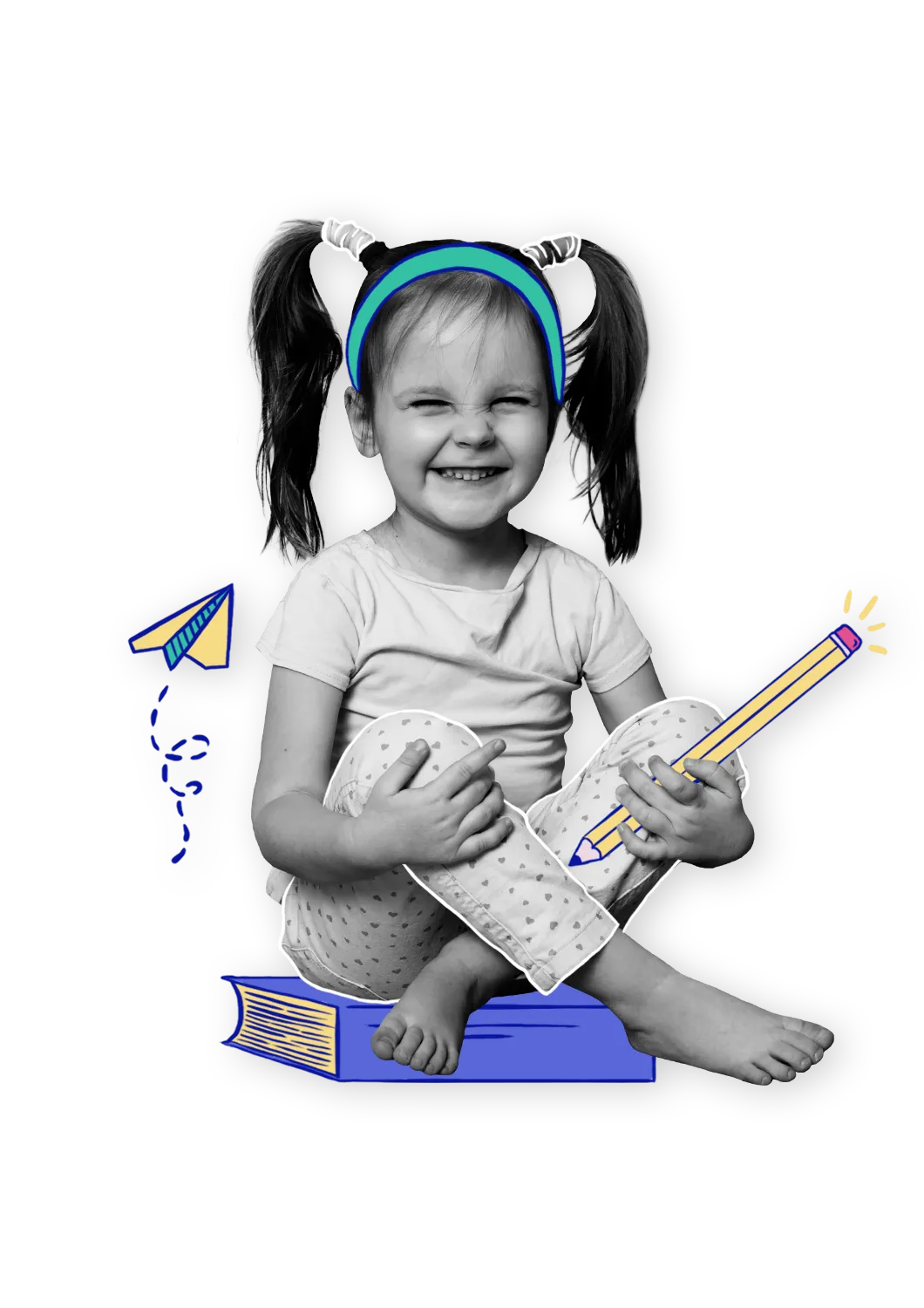 Girl with pigtails sitting on a book holding a pencil
